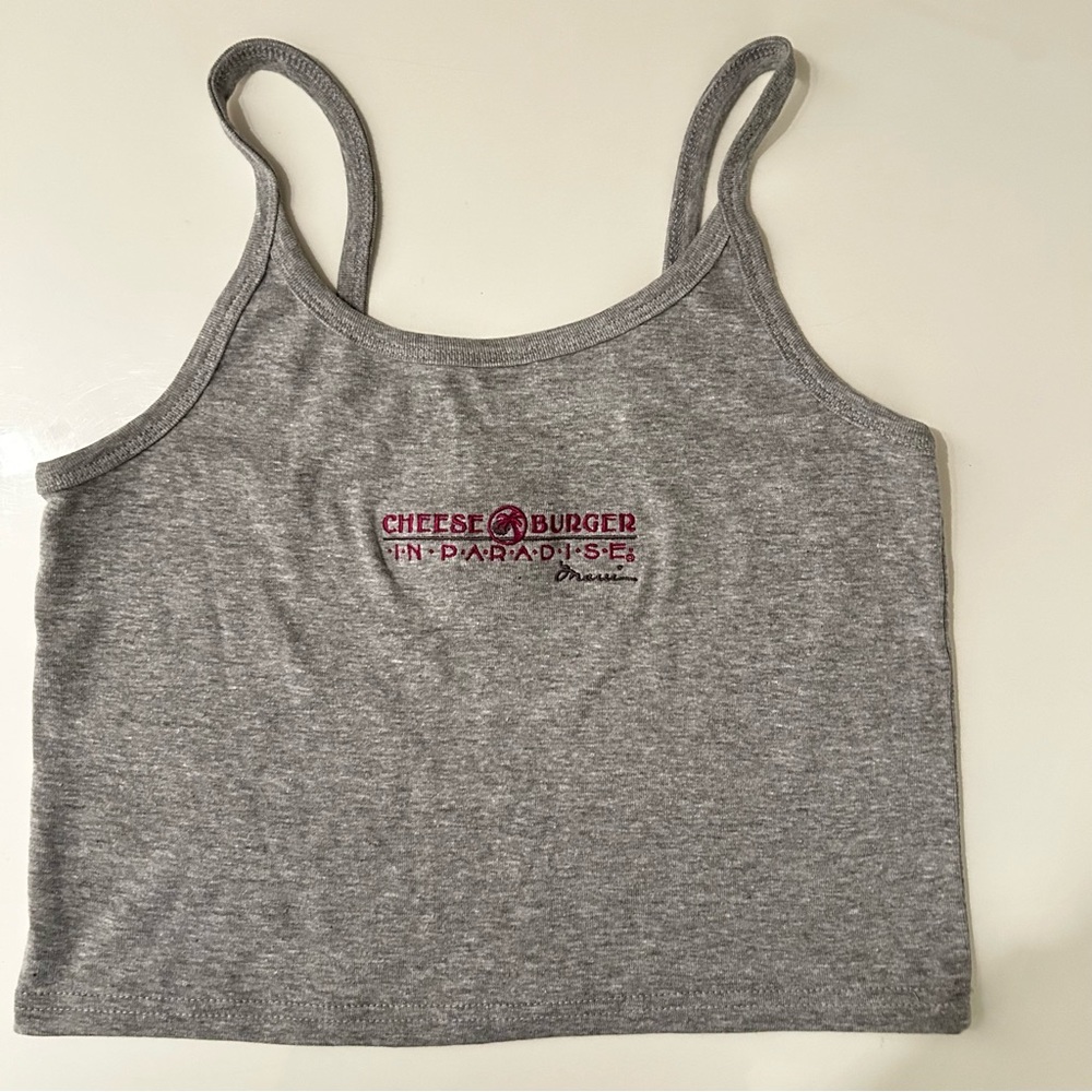 Cheeseburger in Paradise Maui Grey Tank Top Pink Embroidery Medium Y2K Vintage